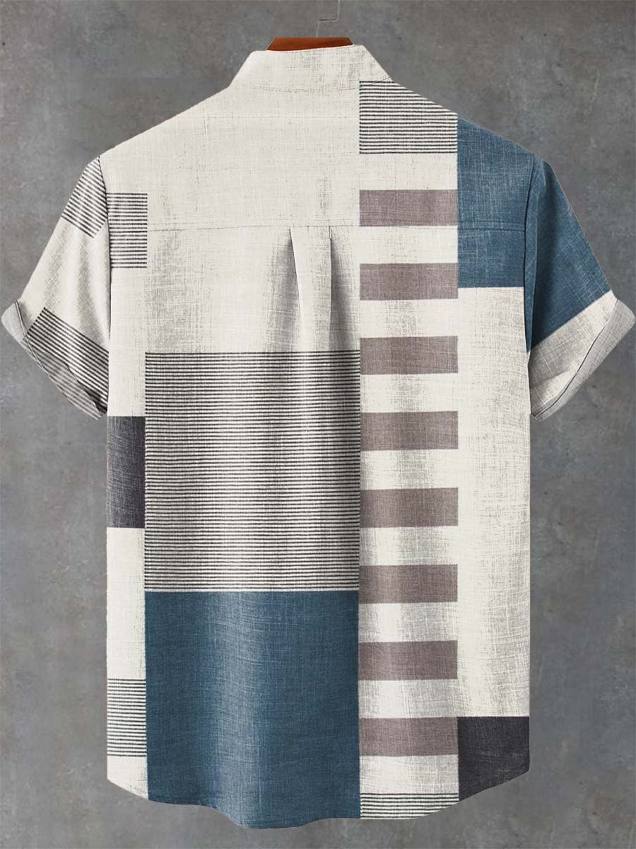 Geometric Checkered Patchwork Pattern Print Casual 100% Cotton Shirt