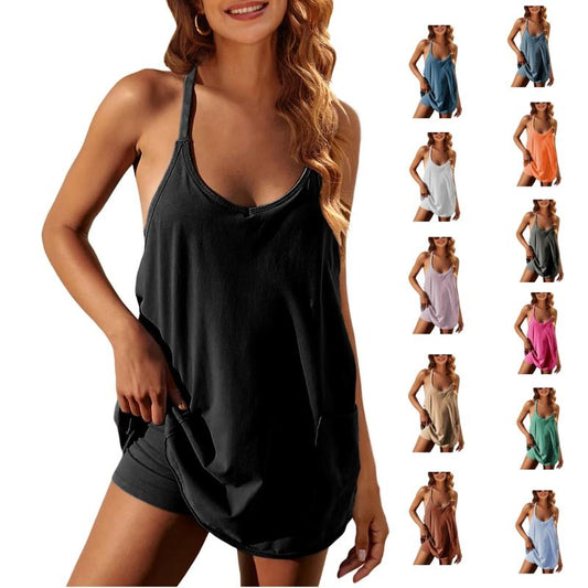 Women's Athletic Sleeveless Mini Dress with Built-in Shorts