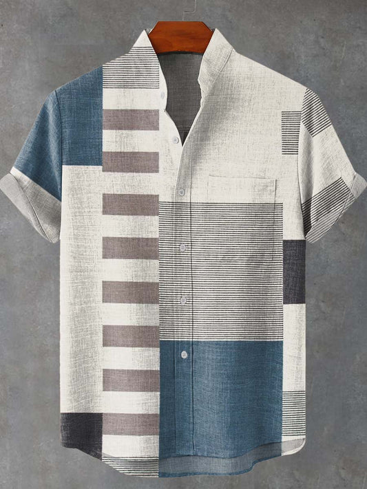 Geometric Checkered Patchwork Pattern Print Casual 100% Cotton Shirt