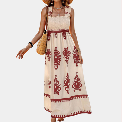 Women's Maxi Dress - Smocked Bodice - A-Line Flowing Fit - Square Neck Wide Straps